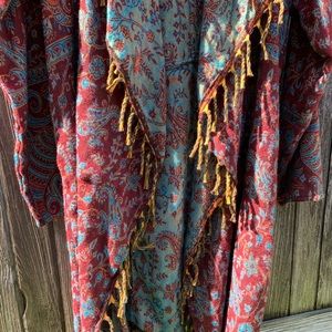 NWT red Boho Himalayan fringed open wrap coat w/hood.  Soft & cozy. OS w/pockets